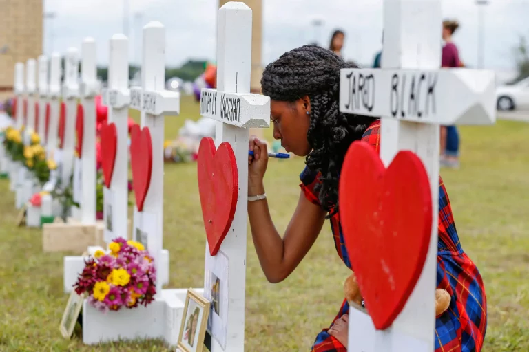 A memorial for the 10 victims of a school shooting in Santa Fe, Texas, in 2018.Credit...Steve Gonzales/Houston Chronicle, via Associated Press