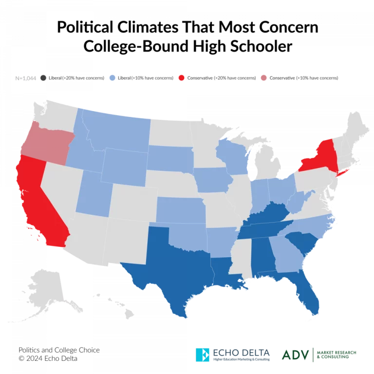 This map, titled “Political Climates That Most Concern College-Bound High Schoolers,” indicates the states that students are most concerned about in terms of their political climates. (Image courtesy of Echo Delta)