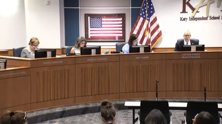 Members of the Katy ISD board of trustees discuss a policy restricting school library books that contain content related to gender identity. / https://www.houstonpublicmedia.org