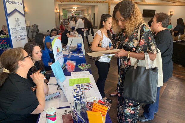 Military spouses networking with prospective employers at the MilSpo Career Expo at Fort Bragg, N.C., Sept. 15, 2022. (Audra Satterlee/U.S. Army photo)