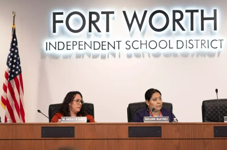 Fort Worth ISD Superintendent Angélica Ramsey, left, and school board President Roxanne Martinez listen to speakers during a special meeting on Sep. 17, 2024, at the District Service Center in Fort Worth. / Camilo Diaz / Fort Worth Report