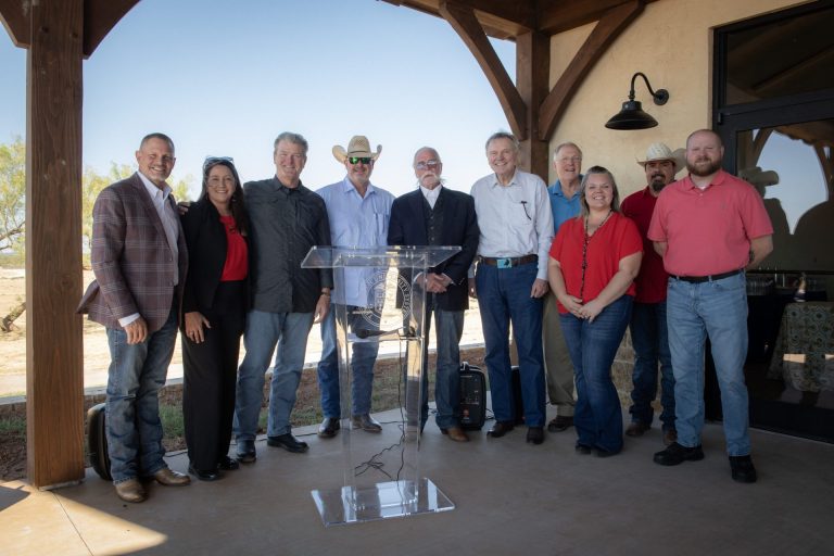 TTU System leadership and staff and members of the 3 Rivers Foundation for the Arts and Sciences gather at the 3 Rivers Ranch Community Luncheon. From left: Patrick Kramer, Ginger Kerrick Davis, Tedd L. Mitchell, Clay Cash, Don Malone, Ken Fergeson, Bob England, Cady Alvarado, JL Alvarado and Jerry Gardner. (Courtesy Photo)