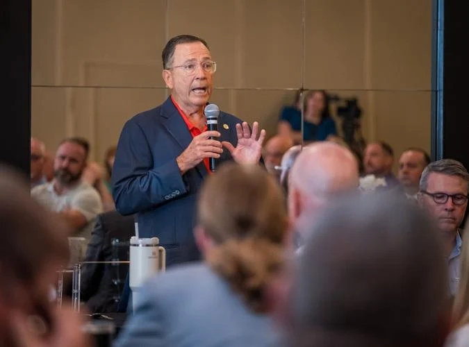 State Rep. Jay Dean speaks during a Public Education Town Hall hosted by Longview ISD Wednesday, Oct. 2, 2024, at the Summit Club. (Les Hassell/Longview News-Journal)