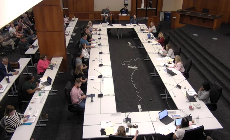 Lewisville ISD Superintendent Lori Rapp leads an LISD committee meeting in which a group of parents, community members and staff discuss findings to help make the district more efficient.