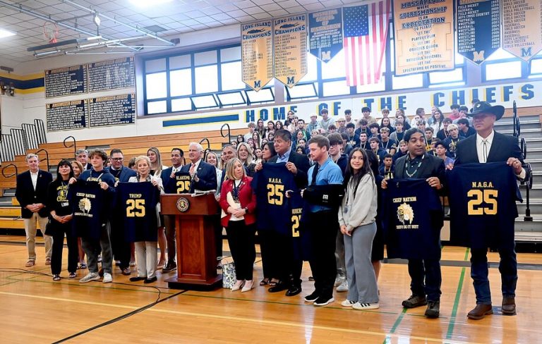 U.S. Secretary of Education Linda McMahon joined Nassau County Executive Bruce Blakeman at Massapequa High School, Long Island, NY, state, town and local officials and school board members to defend the school’s use of an American Indian mascot, defying the State Education Department’s policy © Karen Rubin/news-photos-features.com